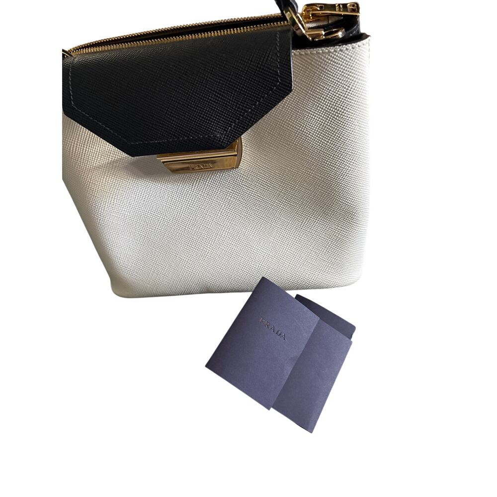 Prada Cartella Saffiano Leather Top Handle Bag White Black Gold HW NWOT - Picture 10 of 11